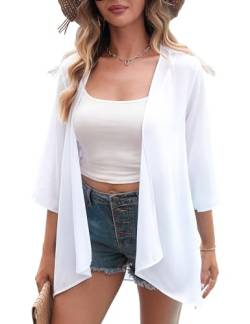 Aottori Damen Lang Chiffon Bolero Sommer Boho Leicht Casual 3/4 Ärmel Cardigan Strickjacke Offene Front Strand Kimono Florale Beachwear Bikini Cover up Shawl Bluse Oberteil Tops Weiß-2 M von Aottori