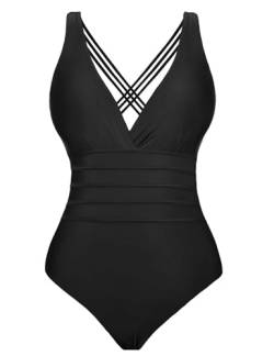 Aottori Einteiler Badeanzug Damen Bauchweg Einteilige Bademode Schwimmanzug Monokini Schlankheits Figurformend Strandmode V-Ausschnitt Schwarz XL von Aottori