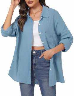 Aottori Musselin Bluse Damen Elegant 100% Baumwolle Longbluse Langarm Modern Oberteile Hemd Lose Langarmshirt Blusenshirt Hemdbluse Tuniken Tops Grau Grün L von Aottori