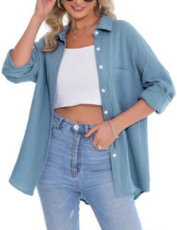 Aottori Musselin Bluse Damen Elegant 100% Baumwolle Longbluse Langarm Modern Oberteile Hemd Lose Langarmshirt Blusenshirt Hemdbluse Tuniken Tops Grau Grün S von Aottori