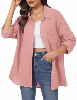 Aottori Musselin Bluse Damen Elegant 100% Baumwolle Longbluse Langarm Modern Oberteile Hemd Lose Langarmshirt Blusenshirt Hemdbluse Tuniken Tops Rosa L von Aottori