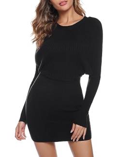 Aottori Pullover Damen Rundkragen Strickkleid Langarm Pulloverkleid Einteilige Sexy Minikleid für Herbst Winter Schwarz M von Aottori