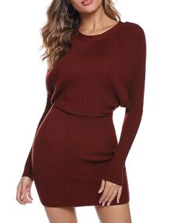 Aottori Pullover Damen Rundkragen Strickkleid Langarm Pulloverkleid Einteilige Sexy Minikleid für Herbst Winter Weinrot XXL von Aottori