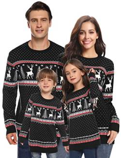 Aottori Weihnachten Pullover Damen Weihnachtspullover Familie Set Rentiermuster Christmas Reindeer Strickpullover Unisex Christmas Sweater Damen-Schwarz XL von Aottori