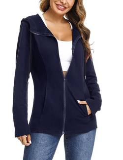 Aottori Zip Hoodie Damen Baumwolle Sweatjacke mit Kapuze Einfarbig Basic Kapuzenjacke Kapuzenpulli Outwear Sweatshirt mit Reißverschluss Jacken für Frühling Herbst Marine XXL von Aottori