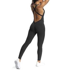 Aoxjox Brooke Workout-Jumpsuit für Damen, gekreuzter Rücken, einteilig, Scrunch, Fitnessstudio, Yoga, Sport-BHs, Jumpsuits, Schwarz, X-Large von Aoxjox