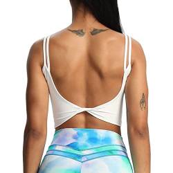 Aoxjox Damen Workout Sport BHs Fitness Gepolstert Rückenfrei Yoga Crop Tank Top Twist Back Cami, 1 x Weiß, Medium von Aoxjox