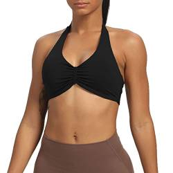 Aoxjox Damen Workout Sport BHs Fitness Rückenfrei Gepolstert Taylor Scrunch Neckholder BH Yoga Crop Tank Top, A Schwarz, X-Small von Aoxjox