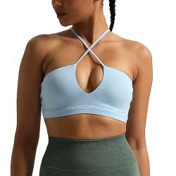 Aoxjox Jamie Damen Workout Sport BHs Tiefer V Fitness Rückenfrei Gepolstert Training Gym BH Yoga Crop Tank Top, luftiges Blau, X-Small von Aoxjox