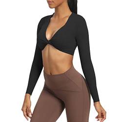 Aoxjox Langärmeliges Crop-Top für Damen, Sienna Twist Deep V Workout Crop T-Shirt Top, A Schwarz, Klein von Aoxjox