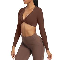 Aoxjox Langärmeliges bauchfreies Oberteil für Damen, Sienna Twist Deep V Workout Crop T-Shirt Top, Dunkelbraun, Mittel von Aoxjox