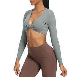 Aoxjox Langärmeliges bauchfreies Oberteil für Damen, Sienna Twist Deep V Workout Crop T-Shirt Top, GRAU, Klein von Aoxjox