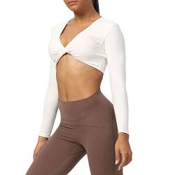 Aoxjox Sienna Damen Twist Deep V Workout Crop Top, A weiß, Medium von Aoxjox