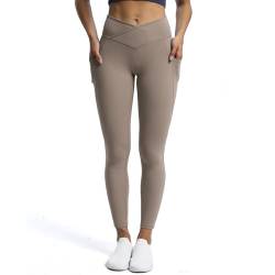 Aoxjox Trinity Yogahose mit hoher Taille und Taschen für Damen, Bauchkontrolle, Crossover-Workout-Leggings, A Treibholz (V-Bund), Groß von Aoxjox