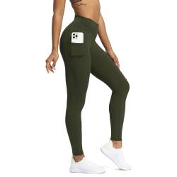 Aoxjox Trinity Yogahose mit hoher Taille und Taschen für Frauen, Bauchkontrolle, überkreuzte Taille, butterweich, Crossover-Workout-Leggings (Olivgrün, V-Taille, Größe L) von Aoxjox