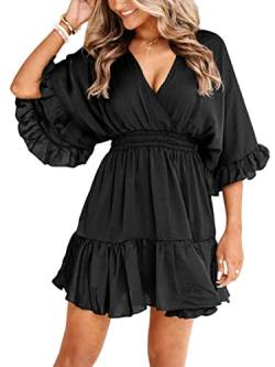 Aoysky Damen-Kleid, V-Ausschnitt, locker, hohe Taille, Rüschen, plissiert, niedliches Mini-Kleid, schwarz, Mittel von Aoysky