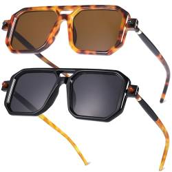 Apricitie 2 Stücke Retro Sonnenbrille Groß Rechteckige Sonnenbrille für Damen Herren, Double Bridge Sunglasses, 70er Vintage Sonnenbrille Polarisiert Pilotenbrille von Apricitie
