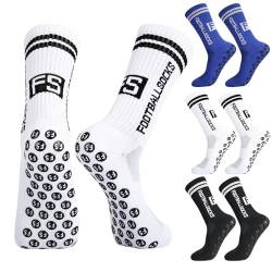 Apricitie 3 Paare Fussball Socken Kinder Fußballsocken Anti Rutsch Grip Jungen Fußball Socken Rutschfeste Sportsocken für Fussball Basketball Laufen Rugby Tennis(S, Weiß+Schwarz+Blau) von Apricitie