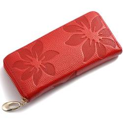 AprinCtempsD Damen Lange Geldbörse Echt Leder Geldbeutel Clutch Elegante Portemonnaie Brieftasche Groß Kapazität mit Reissverschluss (Rot) von AprinCtempsD