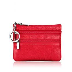 AprinCtempsD Damen Mini Münzbörse Echtes Leder Herren Geldbörse Klein Portemonnaie Geldbeutel mit Reißverschluss Schlüsselring (Rot) von AprinCtempsD