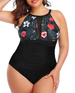 Aqua Eve Badeanzug für Damen, Einteiler, Bauchkontrolle, hoher Halsausschnitt, gerüschte Bademode, Black floral, von Aqua Eve