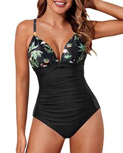 Aqua Eve Bauchkontrolle Badeanzüge für Frauen Einteiler Badeanzug Push Up Schlankheits Bademode, Black Floral 01, Medium von Aqua Eve