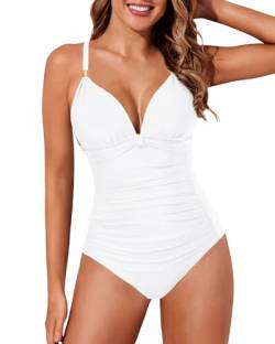 Aqua Eve Bauchweg-Badeanzüge für Damen, sexy, einteiliger Badeanzug, Push-Up, Bademode, White, XL von Aqua Eve