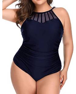 Aqua Eve Damen-Badeanzug, Übergröße, einteilig, geraffter Bauch, hoher Halsausschnitt, Netzstoff - Blau - X-Large von Aqua Eve