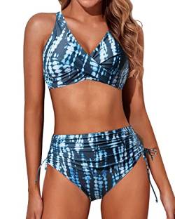 Aqua Eve Damen-Bikini, hohe Taille, gedrehte Vorderseite, Schnürung, Bikini-Top, gerüscht, Push-Up, 2-teiliger Badeanzug, Galaxies Batikfärbung, Large von Aqua Eve