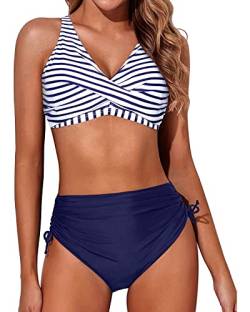 Aqua Eve Damen-Bikini, hohe Taille, gedrehte Vorderseite, Schnürung, Bikinioberteil, gerüscht, Push-up, 2-teiliger Badeanzug, Marineblau gestreift, Large von Aqua Eve