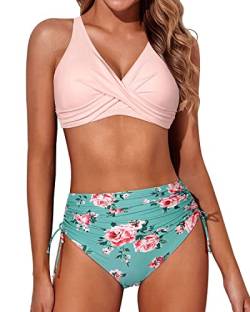 Aqua Eve Damen Bikini mit hoher Taille, Twist-Front, Schnürung, Bikini-Oberteil, gerüscht, Push-up-Badeanzüge, 2-teilig, Rosa und Grün mit Blumenmuster, XX-Large von Aqua Eve