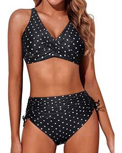 Aqua Eve Damen-Bikini mit hoher Taille, gedrehte Vorderseite, Schnürung, Bikinioberteil, gerüscht, Push-up, 2-teilige Badeanzüge, schwarz mit punkten, Large von Aqua Eve
