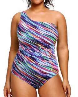 Aqua Eve Einteiliger Badeanzug für Damen, Übergröße, Bauchkontrolle, Badeanzüge, eine Schulter, Farbe gestreift, 18 Plus von Aqua Eve
