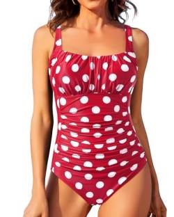 Aqua Eve Einteiliger Badeanzug für Frauen, Bauchkontrolle, Badeanzug, Schlankheits-Vintage-Badebekleidung, rote punkte, Large von Aqua Eve