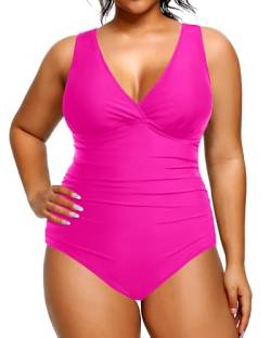 Aqua Eve Frauen Plus Größe Einteiler Badeanzüge Bauchkontrolle Badeanzüge V-Ausschnitt Geraffte Bademode, Knallpink (Hot Pink), 18 Plus von Aqua Eve