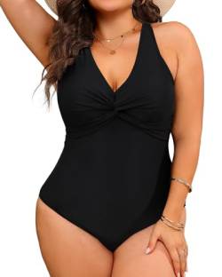 Aqua Eve Frauen Plus Size Einteiler Badeanzüge V-Ausschnitt Bauchkontrolle Badeanzüge Front Cross Bademode, Schwarz, 16 Plus von Aqua Eve