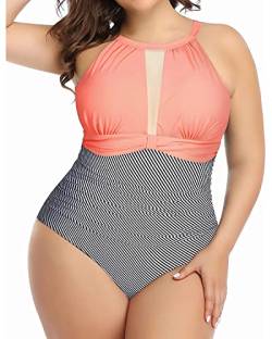 Aqua Eve Plus Size Badeanzug Frauen Einteiler Badeanzug Bauchkontrolle High Neck Badeanzug Geraffte Bademode, rosa streifen, 16 Plus von Aqua Eve