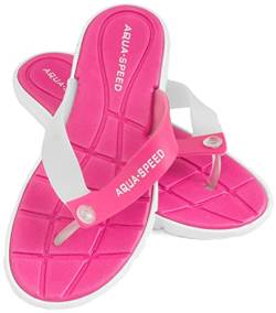 Aqua Speed® Bali Badesandalen (Frauen Zehentrenner Anti-Rutsch-Struktur Schwimmbad Badeurlaub Garten Swimmingpool + UP®-Schlüsselband), Farbe:Pink/Weiß;Schuhgröße:39 von Aqua Speed