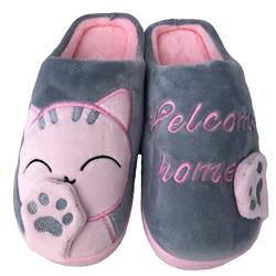 Aquariumpflanzen.net 1 Paar Damen Kinder Pantoffeln Grau-Pink 34/35 Hausschuhe gefüttert Winter warm Katze von Aquariumpflanzen.net