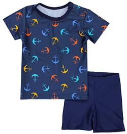 Aquarti Baby Jungen Bade-Set Zweiteiliger Kinder Badeanzug T-Shirt Badehose UV-Schutz, Farbe: Anker Orange Blau/Dunkelblau, Größe: 104 von Aquarti