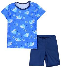 Aquarti Baby Jungen Bade-Set Zweiteiliger Kinder Badeanzug T-Shirt Badehose UV-Schutz, Farbe: Haie Blau Dunkelblau, Größe: 86 von Aquarti