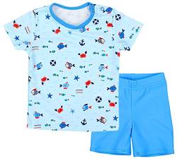 Aquarti Baby Jungen Bade-Set Zweiteiliger Kinder Badeanzug T-Shirt Badehose UV-Schutz, Farbe: Kleine Fische Hellblau/Blau, Größe: 104 von Aquarti