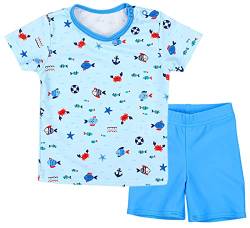 Aquarti Baby Jungen Bade-Set Zweiteiliger Kinder Badeanzug T-Shirt Badehose UV-Schutz, Farbe: Kleine Fische Hellblau/Blau, Größe: 116 von Aquarti