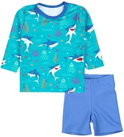 Aquarti Baby Jungen Bade-Set Zweiteiliger Kinder Badeanzug T-Shirt Badehose UV-Schutz, Farbe: Langarm/Haie im Meer Dunkeltürkis/Jeans Blau, Größe: 110 von Aquarti