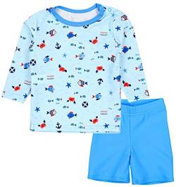 Aquarti Baby Jungen Bade-Set Zweiteiliger Kinder Badeanzug T-Shirt Badehose UV-Schutz, Farbe: Langarm/Kleine Fische Hellblau/Blau, Größe: 104 von Aquarti