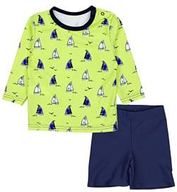Aquarti Baby Jungen Bade-Set Zweiteiliger Kinder Badeanzug T-Shirt Badehose UV-Schutz, Farbe: Langarm/Segelboot Hellgrün/Dunkelblau, Größe: 116 von Aquarti