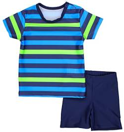 Aquarti Baby Jungen Bade-Set Zweiteiliger Kinder Badeanzug T-Shirt Badehose UV-Schutz, Farbe: Streifen Blau/Grün/Dunkelblau, Größe: 80 von Aquarti