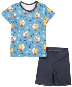 Aquarti Baby Jungen Bade-Set Zweiteiliger Kinder Badeanzug T-Shirt Badehose UV-Schutz, Farbe: Surfing Shark Grau Orange Rot Graphit, Größe: 116 von Aquarti