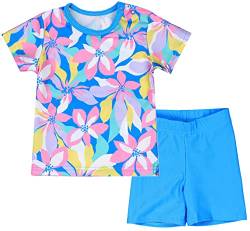 Aquarti Baby Mädchen Zweiteiler Kinder Badeanzug Bade-Set Bade T-Shirt Badehose UV-Schutz, Farbe: Blumen/Rosa/Blau/Gelb, Größe: 110 von Aquarti