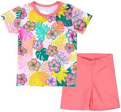 Aquarti Baby Mädchen Zweiteiler Kinder Badeanzug Bade-Set Bade T-Shirt Badehose UV-Schutz, Farbe: Blumen Orange/Rosa/Blau, Größe: 110 von Aquarti